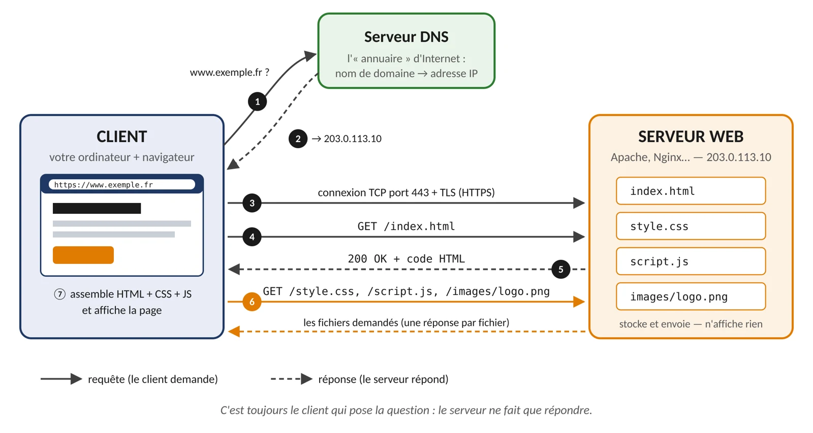 Schéma : le client demande l’adresse IP de www.exemple.fr au serveur DNS (1), qui répond 203.0.113.10 (2) ; le client ouvre une connexion TCP sur le port 443 avec TLS (3), envoie GET /index.html (4), reçoit 200 OK et le code HTML (5), puis demande style.css, script.js et images/logo.png (6), une réponse par fichier, et assemble la page (7).