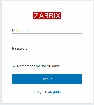Écran de connexion de l’interface web Zabbix : champs Username et Password, case « Remember me for 30 days », bouton Sign in et lien « sign in as guest ».